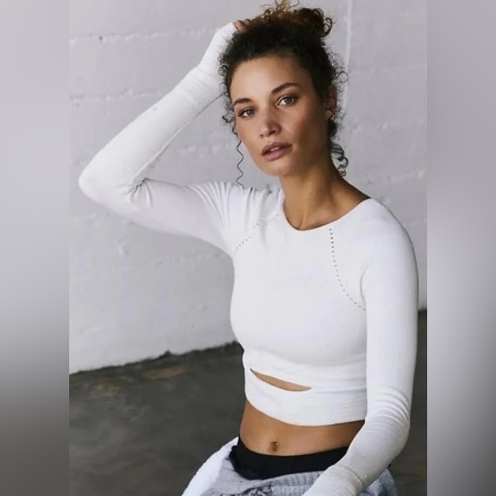 FP Movement by Free People White Long Sleeve Crop Top Workout Top